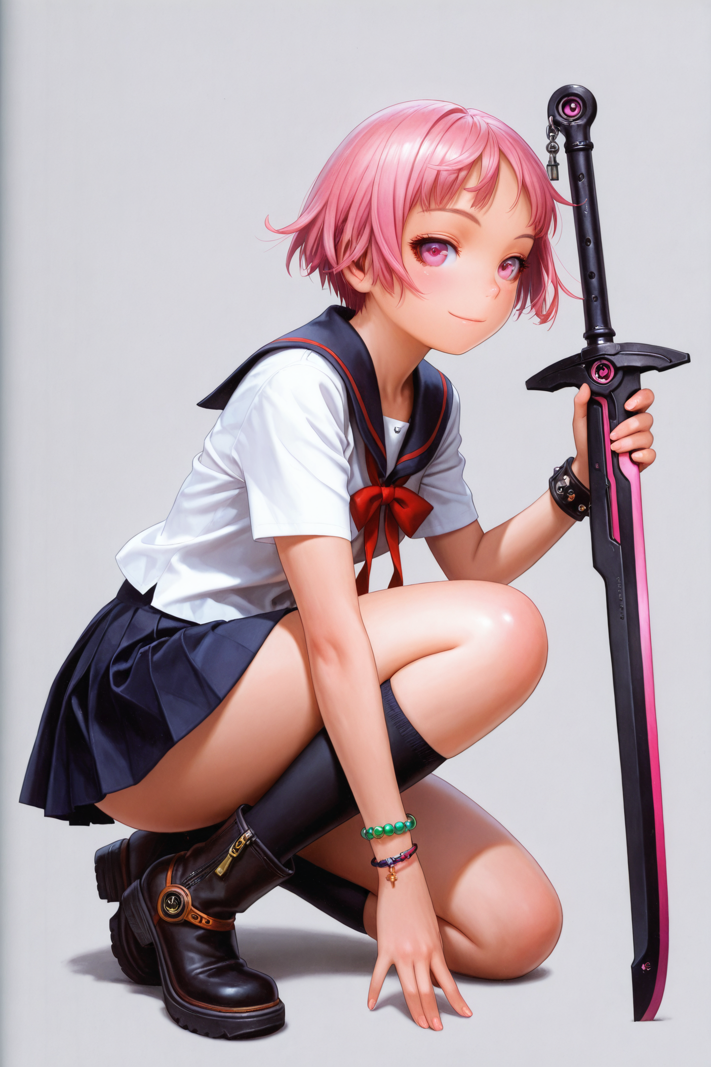 46558-402086934-1girl,solo,short hair,pink hair,school uniform,skirt,weapon,socks,bracelet,simple background,holding,looking at viewer,pink eyes.png